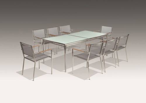 Elba rectangular dining table - chairs not included (s.steel / sea ice tempered glass inserts)